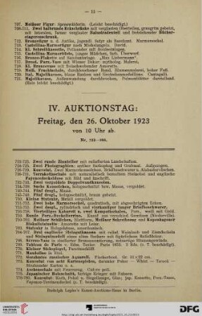 IV. Auktionstag: Freitag, den 26. Oktober 1923 von 10 Uhr (Nr. 722-988)