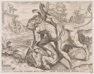 Herakles kämpft mit Achelous in Gestalt eines Stieres