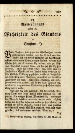 VI. Anmerkungen über die Wichtigkeit des Glaubens an Christum