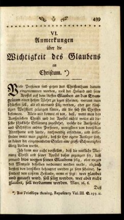 VI. Anmerkungen über die Wichtigkeit des Glaubens an Christum