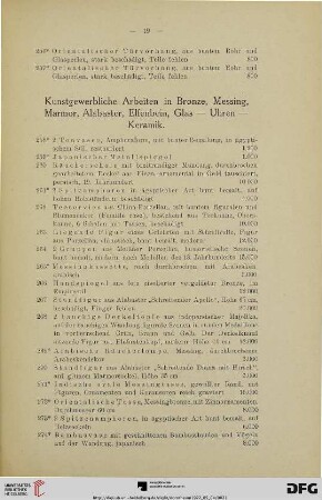 Kunstgewerbliche Arbeiten in Bronze, Messing, Marmor, Alabaster, Elfenbein, Glas, Uhren, Keramik (Nr. 258-335)