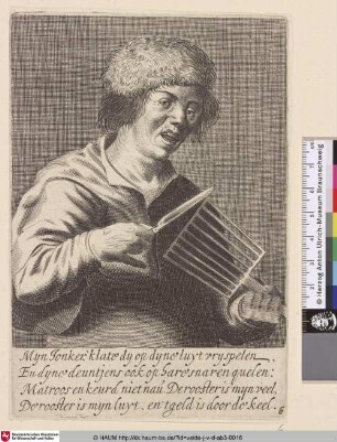 [Junger Mann spielt ein Scheininstrument, ein Bratrost; Young Man playing a mock Instrument, a Gridiron]