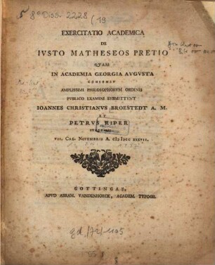 Exercitatio Academica De Ivsto Matheseos Pretio
