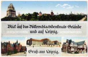 Blick auf das Völkerschlachtdenkmals-Gelände und auf Leipzig. Gruß aus Leipzig