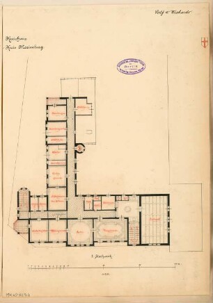 Landratsamt (Kreishaus), Marienburg Monatskonkurrenz März 1893: Grundriss 1. Obergeschoss; Maßstabsleiste