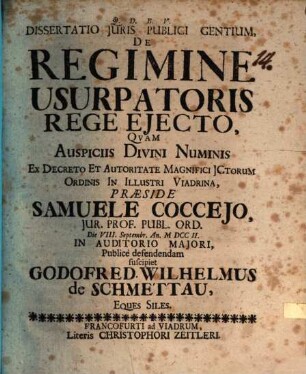 Dissertatio Juris Publici Gentium, De Regimine Usurpatoris Rege Ejecto