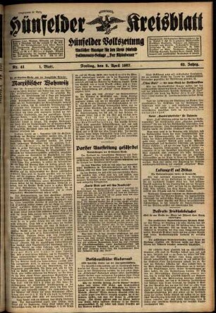 Erste Ausgabe vom Freitag, den 09. April 1937.