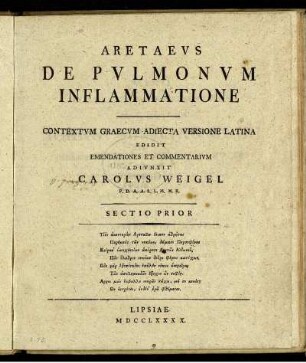 Aretaeus De Pulmonum Inflammatione : Contextum Graecum Adiecta Versione Latina ; Sectio Prior