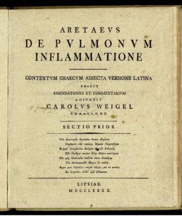 Aretaeus De Pulmonum Inflammatione : Contextum Graecum Adiecta Versione Latina ; Sectio Prior