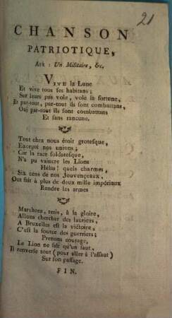 Chanson Patriotique : Air: Un Militaire, &c.