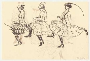 Bewegungsstudie : Drei Frauen in historisierender Kleidung in tänzerischer Bewegung