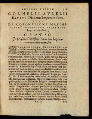 Corbelii Aurelii Batavi Diadema Imperatorium, ... Oratio; ...