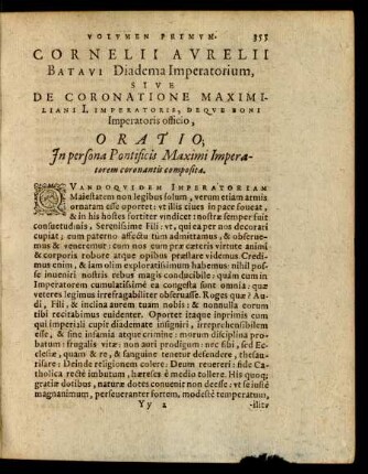 Corbelii Aurelii Batavi Diadema Imperatorium, ... Oratio; ...