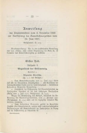 Anweisung des Finanzministers vom 4. November 1895 zur Ausführung des Gewerbesteuergesetzes vom 24. Juni 1891