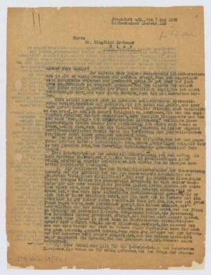 Brief von ʿAqîvâ Ernsṭ Sîmôn an Siegfried Kracauer
