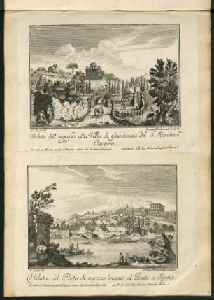 28r-28v, Blatt 2: Veduta dell'ingresso alla Villa di Gamberaia del Sr. Marchese Capponi (und) Blatt 1: Veduta del Porto di mezzo vicino al Ponte a Signa