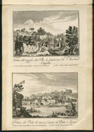 28r-28v, Blatt 2: Veduta dell'ingresso alla Villa di Gamberaia del Sr. Marchese Capponi (und) Blatt 1: Veduta del Porto di mezzo vicino al Ponte a Signa