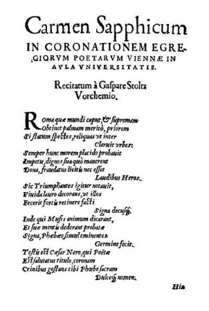 Carmen Sapphicum In Coronationem Egregiorum Poetatum Viennae In Aula Universitatis