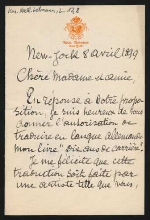 Brief an Lilli Lehmann : 08.04.1899