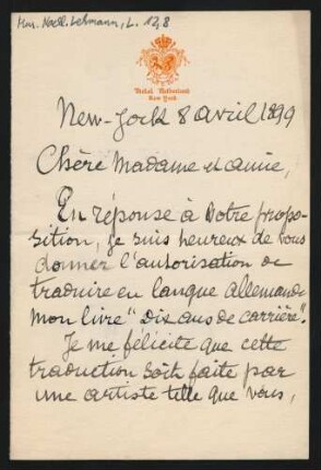 Brief an Lilli Lehmann : 08.04.1899