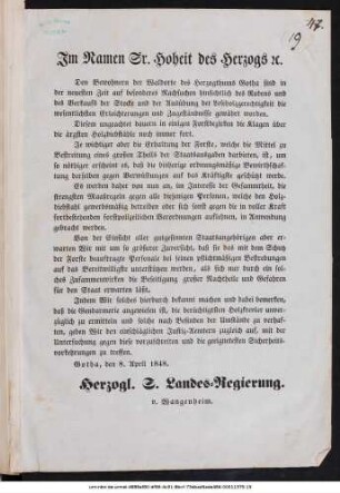 Im Namen Sr. Hoheit des Herzogs [et]c. : ...Gotha, den 8. April 1848