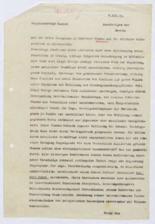 Schreiben von Prinz Max von Baden an Edgar Haniel von Haimhausen, Walter Simons und Carl Melchior; Eckpunkte der Verhandlungen in London