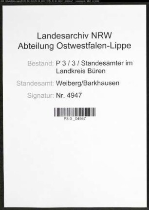 Sterberegister Standesamt Weiberg/Barkhausen