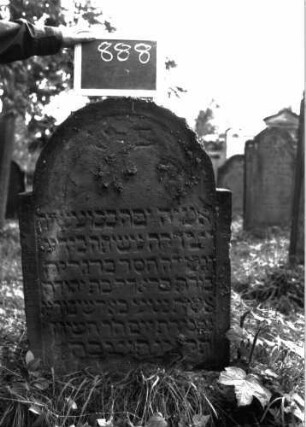 Grabstein 888 (Index: 100103731) Material: Sandstein Zustand: an den Rändern verwittert Maße HxBxT: 99x62x9 cm Beschreibung: Stele, eingezogener Rundbogenabschluss, Schriftfeld eingetieft mit Konvexbogenabschluss: Grabstein 888