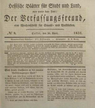 № 8. Cassel, den 20. April. 1831.
