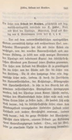 343-349 [Rezension] Zöckler, Otto, Die Lehre vom Urstand des Menschen