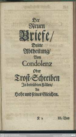 Der Neuen Briefe, Dritte Abtheilung Von Condolenz Oder Trost-Schreiben In betrübten Fällen