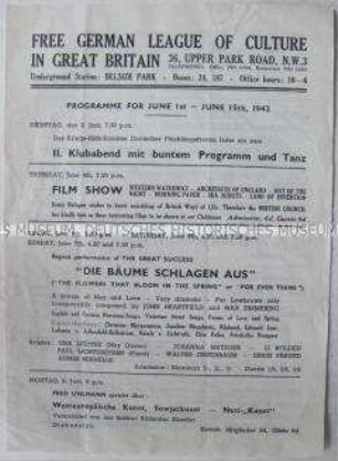 Monatsprogramm des Freien Deutschen Kulturbundes in Großbritannien für Juni 1942