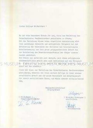 Glückwunschschreiben zur Verleihung des Vaterländischen Verdienstordens in Bronze