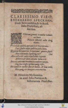 M. Henricus Meibomius: Clarissimo viro, Eberhardo Speckhan ... affini suo.
