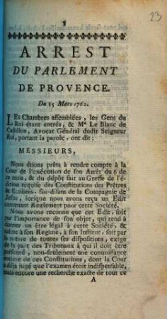 Arrest Du Parlement De Provence : Du 15 Mars 1762.