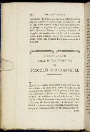 Libro Quarto delle Istorie Fiorentine di Niccolò Macchiavelli.
