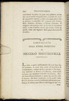 Libro Quarto delle Istorie Fiorentine di Niccolò Macchiavelli.