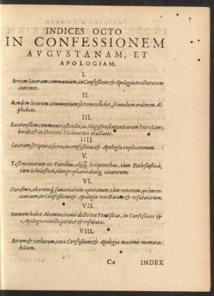 Indices Octo In Confessionem Augustanam, Et Apologiam.