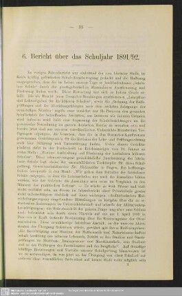6. Bericht über das Schuljahr 1891/92