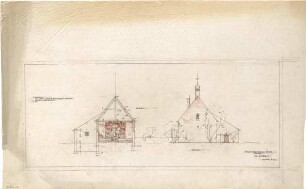 Gsaenger, Gustav; Braunschweig - Lehndorf (Niedersachsen); Ev. Kirche mit Pfarrhaus und Gemeindesaal - Entwurf 2. Tekturplan, Westseite (Ansicht), Schnitt