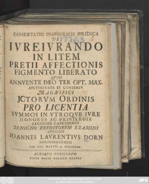 Dissertatio Inavguralis Ivridica De Ivreivrando In Litem Pretii Affectionis Figmento Liberato