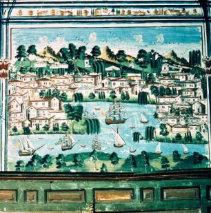Salamis. Ambelákia, Archontikon Svarts. Paneelfresko von der goldenen Stadt Byzanz im Herrenzimmer
