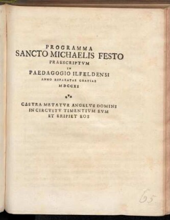 Programma Sancto Michaelis Festo Praescriptvm In Paedagogio Ilfeldensi Anno Reparatae Gratiae MDCCXI