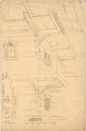 Thiersch, August ; Bauaufnahmen (deutsche Bauernhäuser u.a.) - Bauernhaus Sattler in Siegertshofen (Perspektiven)