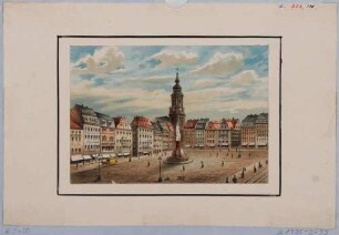 Der Altmarkt in Dresden nach Südosten mit dem Germania-Denkmal, im Hintergrund die Kreuzkirche