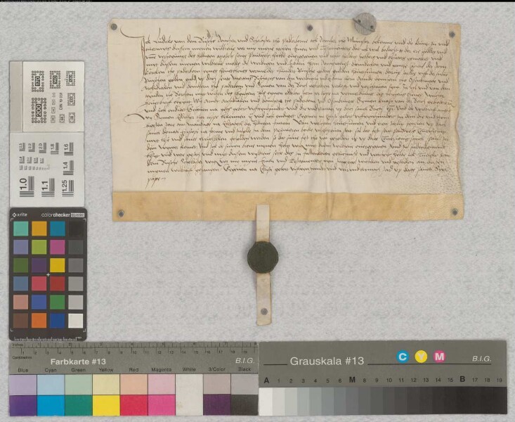 Ludeke von dem Bussche, Domherr und Scholaster zu Paderborn und Domherr zu Münster übergibt Dompropst, Domdechant und Kapitel zu Paderborn eine Verschreibung über 100 Gulden zu 5 Gulden Rente von Arnd, Domherrn zu Osnabrück, Archidiakon und Domherrn zu Paderborn, und dessen Bruder Simon von der Borch aus dem Zehnten zu Bergheim (Berchem) mit Zustimmung des Lehnsherrren, des Edelherren zur Lippe, ausgestellt 1523 November13 (up dach sancti Brictii episcopi). Der Konsens wurde ausgestellt vom Edelherrn Simon zur Lippe 1523 November 23 (am Mandage nach Elizxbeth der hilligen Fruwen). Von dem Geld soll das Fest Pauli conversionis gefeiert werden. SA des Ausstellers. Datum: up dage sanci Sixti papae