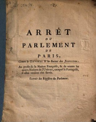 Arrest du Parlement de Paris contre le Général et la Société des Jésuites