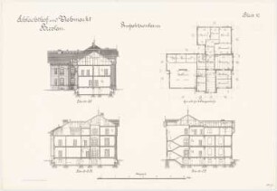 Schlachthof und Viehmarkt, Breslau Inspektorenhaus: Grundriss 2. Obergeschoss Längsschnitt Querschnitte 1:100