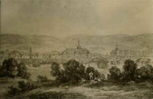 Landschaftsgemälde von Zweibrücken. Entfernte Stadtansicht mit Personen im Vordergrund