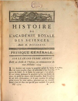 Histoire de l'Académie Royale des Sciences : avec les mémoires de mathématique et de physique pour la même année ; tirés des registres de cette Académie, 1774 (1778)